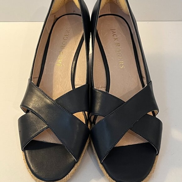 Jack Rogers Criss-Cross Wedge Espadrilles Black Faux Leather Women's Size 10M - Picture 1 of 11